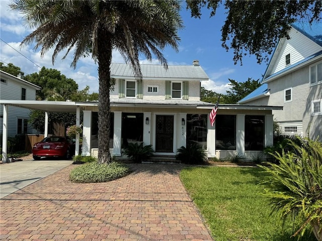 view of front of house with a front lawn, a sunroom, and a carport