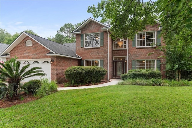 view of front facade with a front yard and a garage