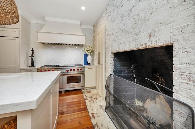 kitchen with backsplash, premium range hood, light hardwood / wood-style flooring, and high quality appliances