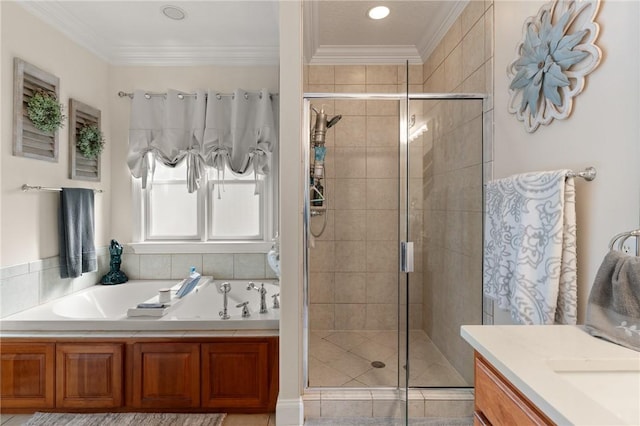 bathroom with independent shower and bath, ornamental molding, tile patterned flooring, and vanity