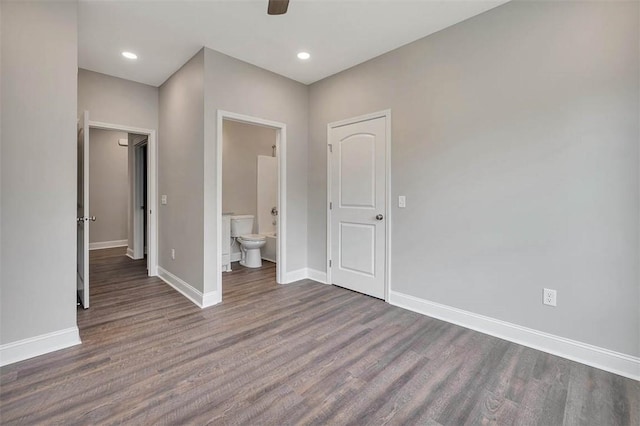 94 Silver Bluff Dr, Brunswick, GA 31523 - unfurnished bedroom with wood finished floors, ensuite bathroom, recessed lighting, and ceiling fan
