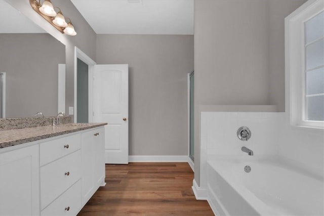 bathroom with a tub, vanity, and wood-type flooring