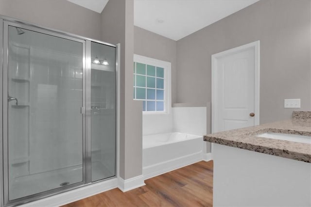 bathroom featuring vanity, separate shower and tub, and wood-type flooring