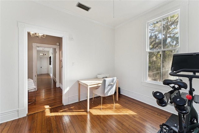 office area featuring crown molding, plenty of natural light, and dark hardwood / wood-style floors