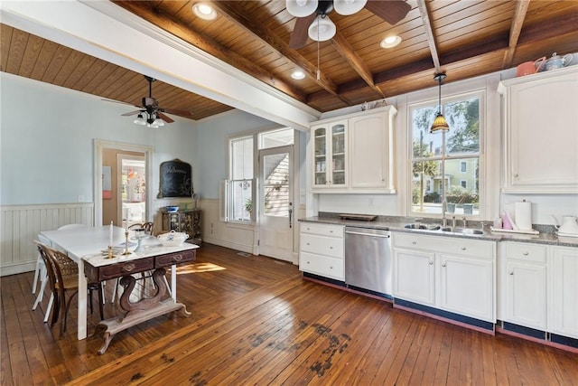 kitchen with white cabinets, dishwasher, hanging light fixtures, and wooden ceiling