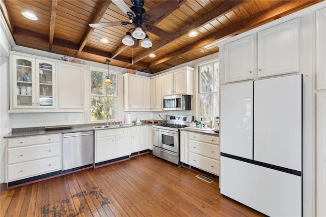 kitchen with sink, white cabinetry, beam ceiling, wooden ceiling, and stainless steel appliances