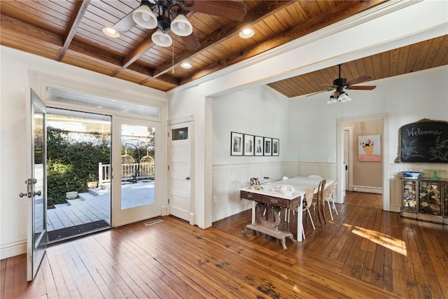 dining area with dark hardwood / wood-style flooring, beam ceiling, ceiling fan, and wood ceiling