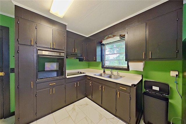 2867 Evergreen Rd, Waycross, GA 31501 - kitchen with oven, black electric stovetop, ornamental molding, light marble finish floors, and under cabinet range hood