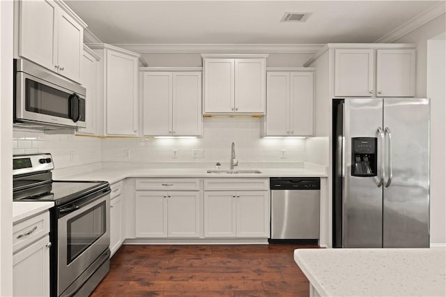 kitchen featuring sink, white cabinetry, dark wood-type flooring, and appliances with stainless steel finishes