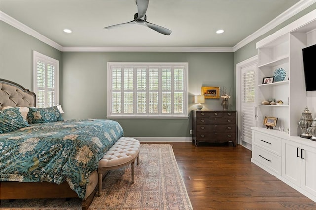 bedroom featuring crown molding, dark wood-type flooring, and ceiling fan