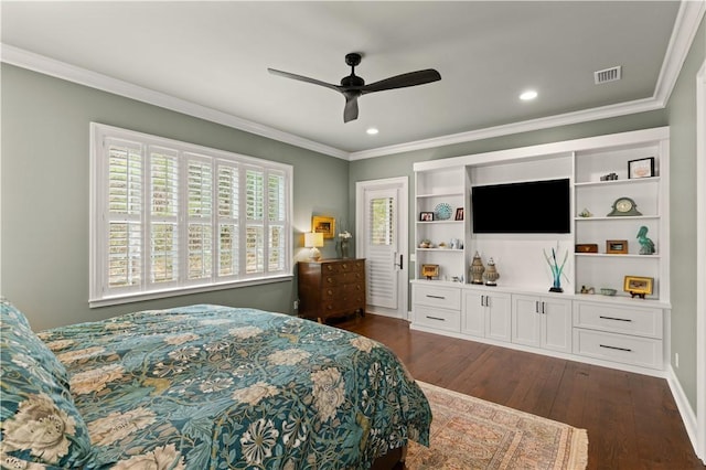 bedroom featuring dark hardwood / wood-style flooring, ornamental molding, and ceiling fan