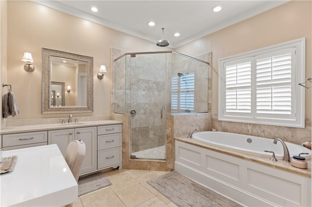 bathroom with crown molding, vanity, independent shower and bath, and tile patterned flooring