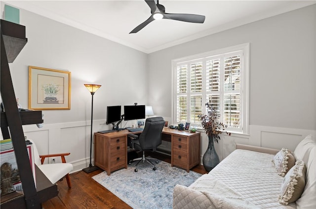 bedroom featuring crown molding, ceiling fan, and dark hardwood / wood-style flooring