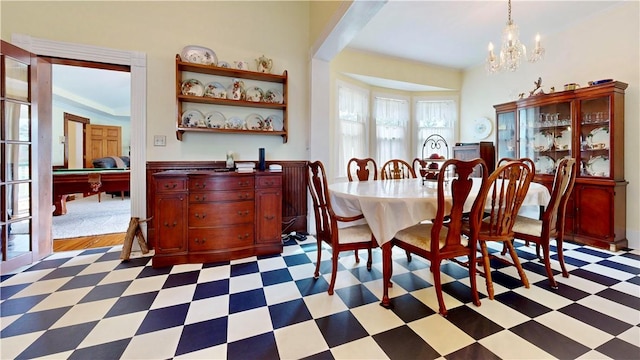 dining room with billiards, an inviting chandelier, and tile patterned floors