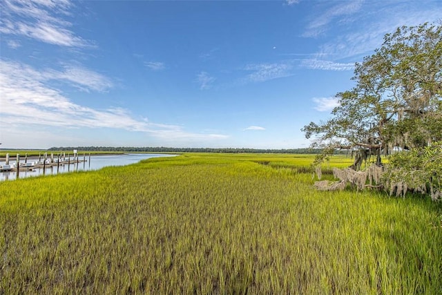 view of yard with a water view and a rural view