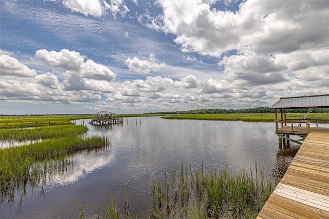 view of dock with a water view