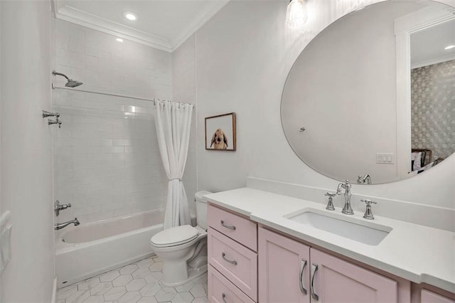 full bathroom with shower / bath combination with curtain, tile patterned floors, vanity, crown molding, and toilet