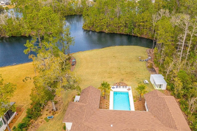 drone / aerial view featuring a water view