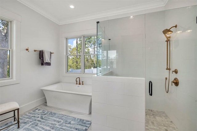 bathroom with tile patterned flooring, plus walk in shower, ornamental molding, and a wealth of natural light