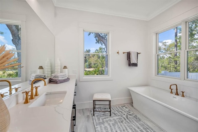 bathroom with a bathing tub, a wealth of natural light, vanity, and ornamental molding