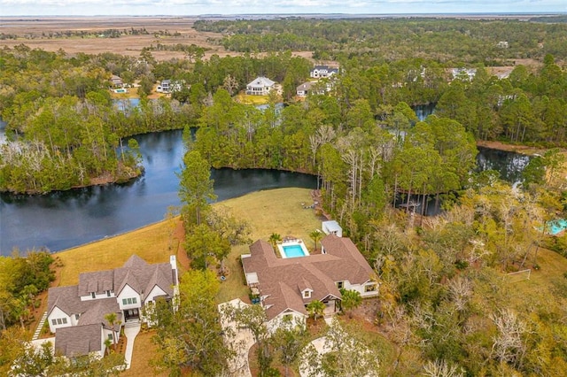 aerial view featuring a water view