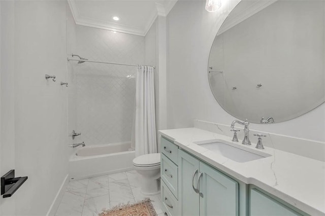 full bathroom featuring vanity, toilet, crown molding, and shower / tub combo with curtain