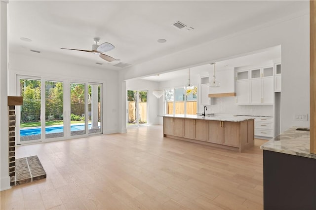 98 Thompson Cv, Saint Simons Island, GA 31522 - kitchen with open floor plan, a ceiling fan, a sink, and light wood finished floors