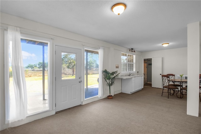 doorway featuring light carpet and a sink