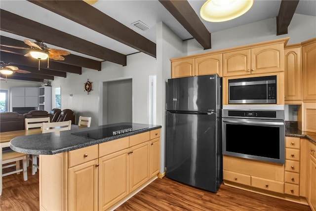 kitchen featuring open floor plan, black appliances, light brown cabinetry, and dark countertops