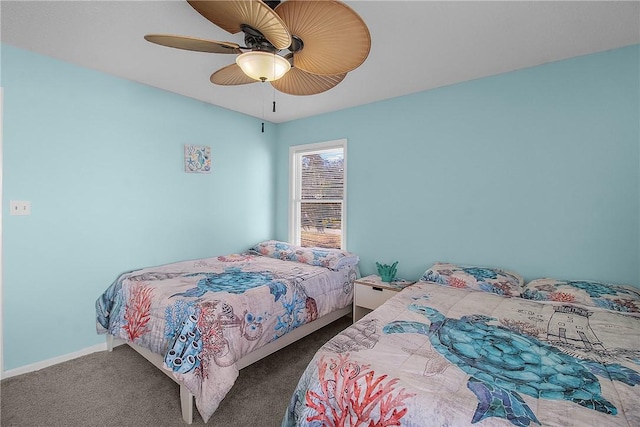 bedroom featuring a ceiling fan, carpet flooring, and baseboards