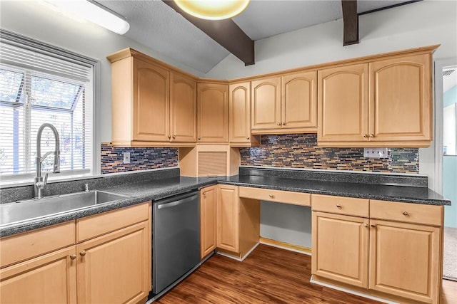 kitchen with dishwasher, light brown cabinetry, and a sink