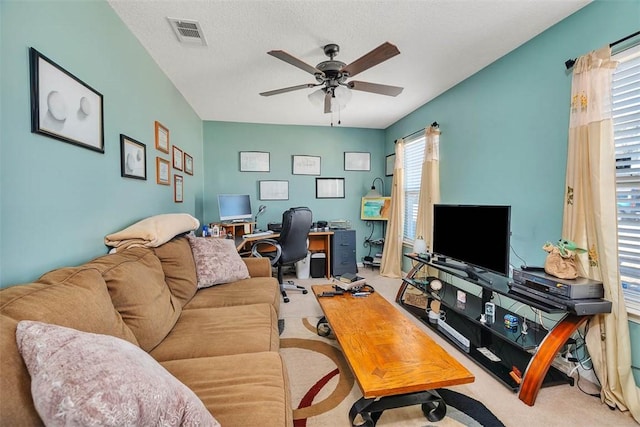 living room with carpet, plenty of natural light, a textured ceiling, and ceiling fan