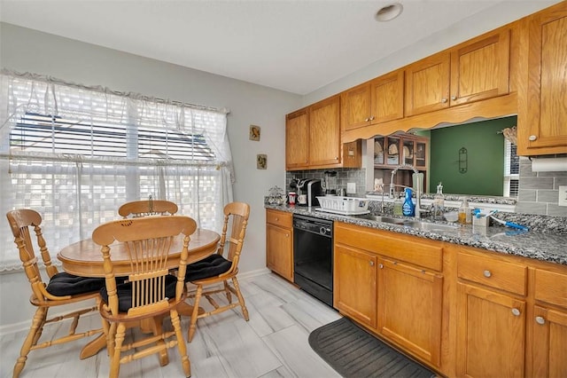 kitchen featuring backsplash, sink, dark stone counters, and dishwasher