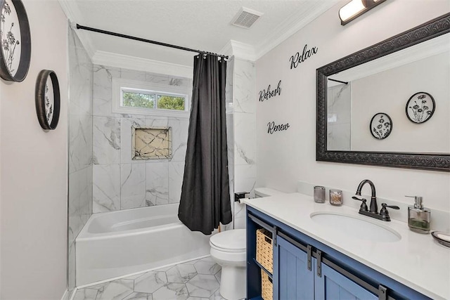 full bathroom featuring vanity, ornamental molding, shower / bath combination with curtain, and toilet