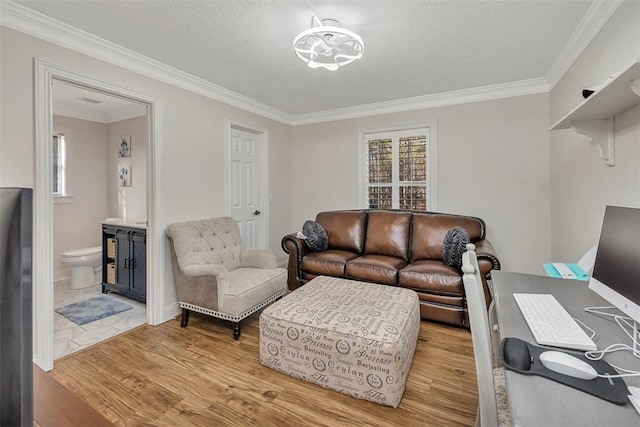 living room with crown molding, plenty of natural light, light hardwood / wood-style floors, and a textured ceiling