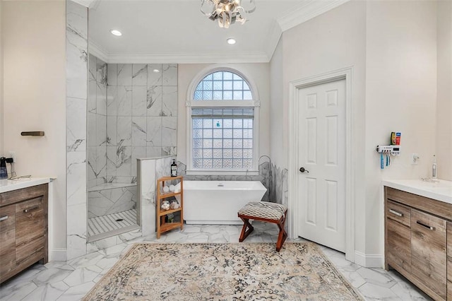 bathroom featuring vanity, crown molding, and shower with separate bathtub