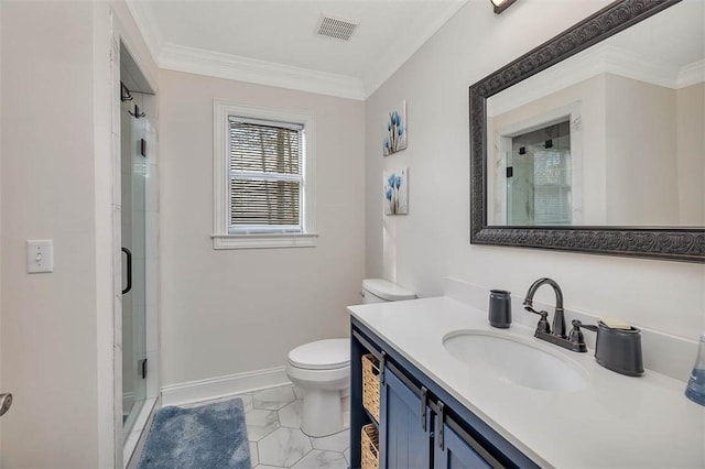 bathroom with walk in shower, ornamental molding, toilet, and vanity