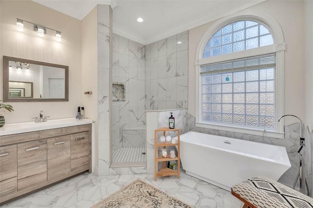 bathroom featuring vanity, crown molding, and plus walk in shower