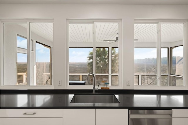 kitchen with dishwasher, white cabinetry, ceiling fan, and sink