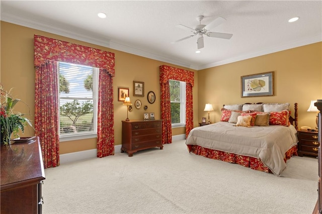 bedroom with baseboards, a ceiling fan, crown molding, carpet floors, and recessed lighting