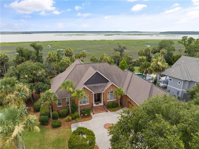 aerial view featuring a water view