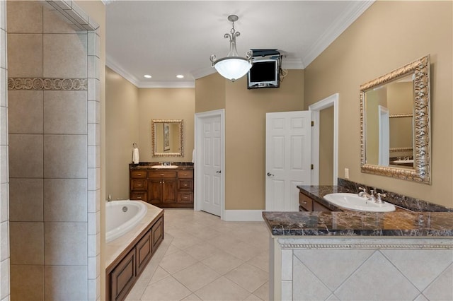 full bathroom with ornamental molding, a sink, a bath, and tile patterned floors