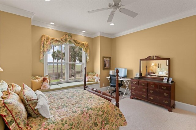 bedroom featuring baseboards, a ceiling fan, crown molding, carpet flooring, and recessed lighting