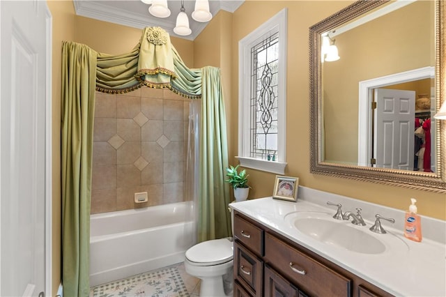 full bath with crown molding, plenty of natural light, vanity, and toilet