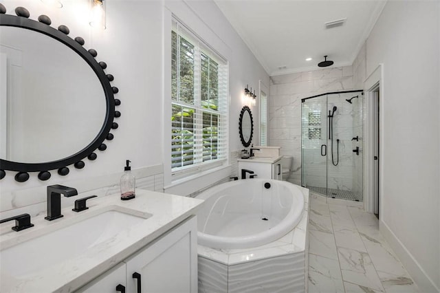 bathroom with ornamental molding, vanity, shower with separate bathtub, and a healthy amount of sunlight