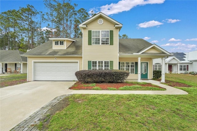 traditional-style home featuring an attached garage, driveway, and a front lawn