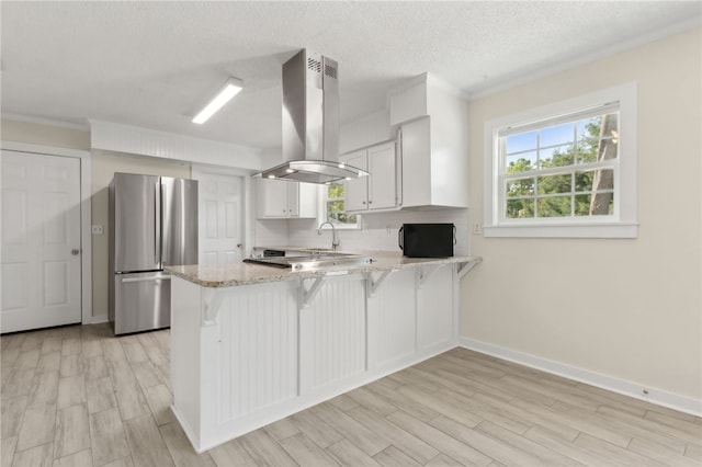 kitchen featuring island exhaust hood, a peninsula, stainless steel appliances, and light wood-style floors