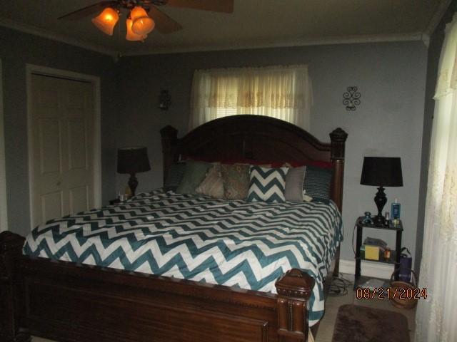 bedroom with ceiling fan and ornamental molding