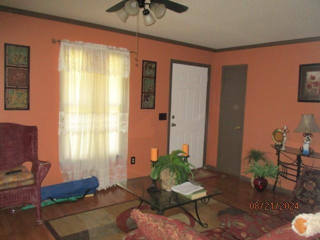 living room with hardwood / wood-style flooring, ceiling fan, a healthy amount of sunlight, and ornamental molding