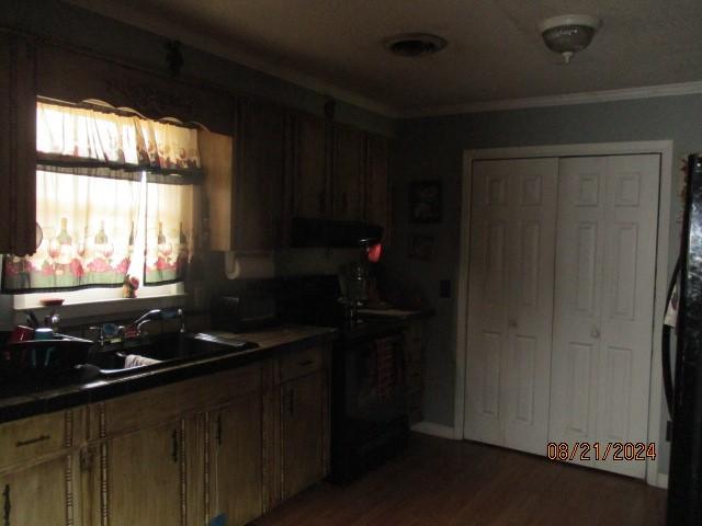 kitchen featuring dark wood-type flooring, exhaust hood, black range, sink, and ornamental molding